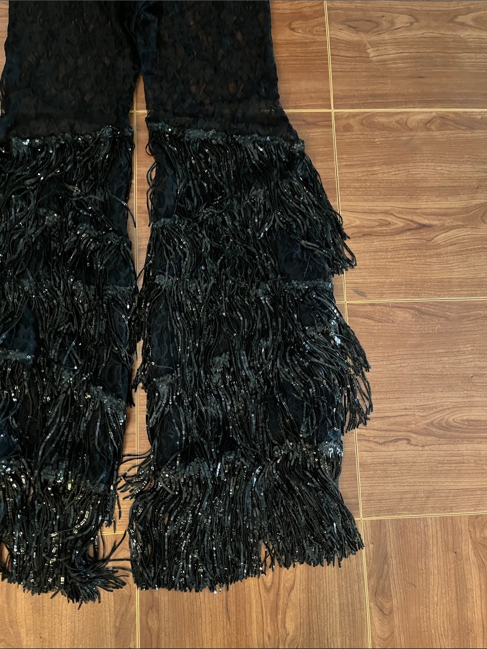 Little Black Diamond Black Lace Flare Pants with Sequin Fringe Pants - Picture 8 of 9